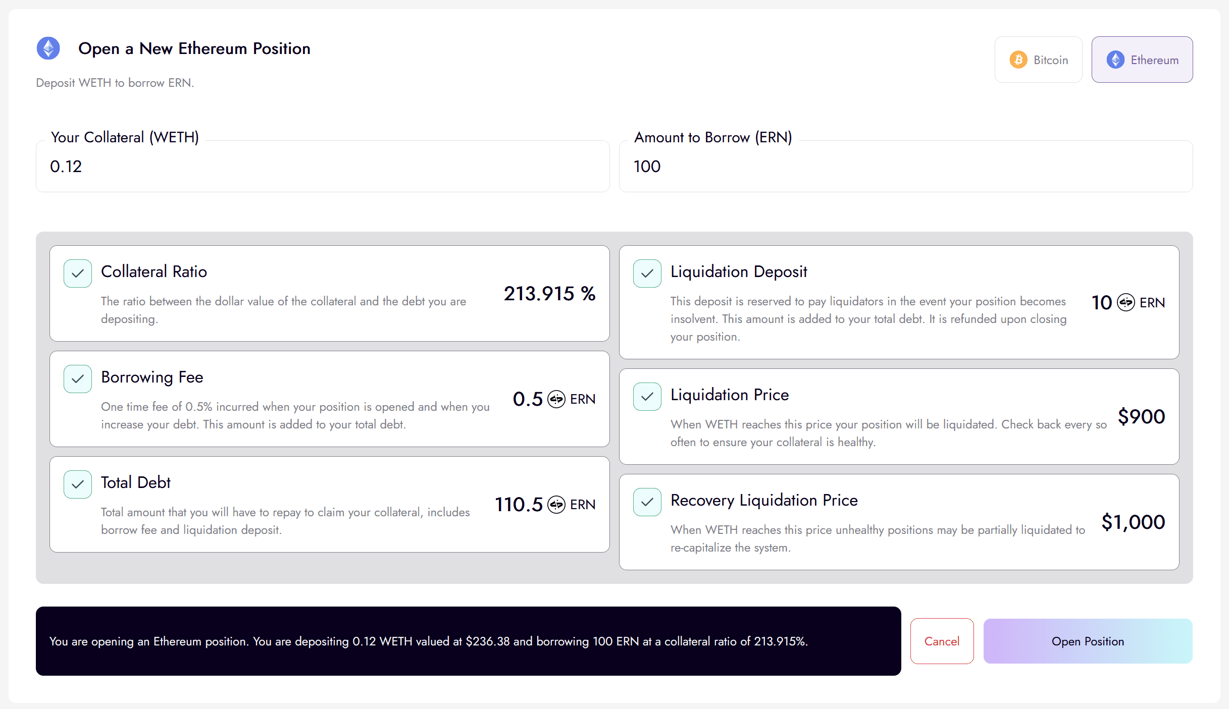 Ethos_Documentation_MintingERN_ETHPosition Ethos Documentation Open New Ethereum Position