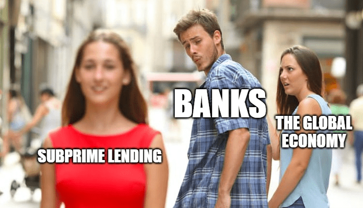 An oversimplified meme of the Global Financial Crisis of 2007–2008.